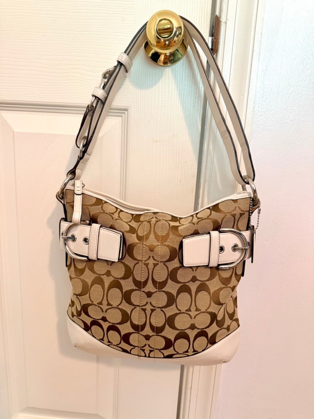 Coach Soho Signature Khaki Canvas White Leather Buckle Crossbody Shoulder Bag